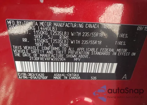 2015 Toyota Rav4 Limited из США, поврежденный, VIN 2T3DFREVXFW392904